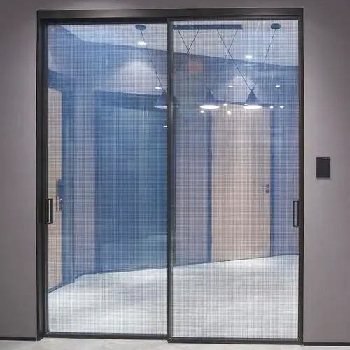 Interior sliding door with fabric mesh laminated glass panel