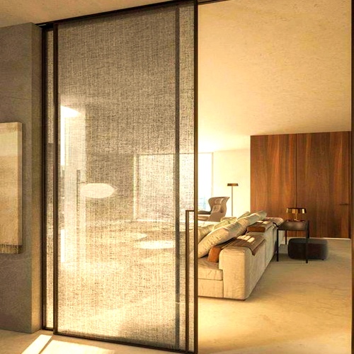 Interior sliding door with fabric mesh laminated glass panel