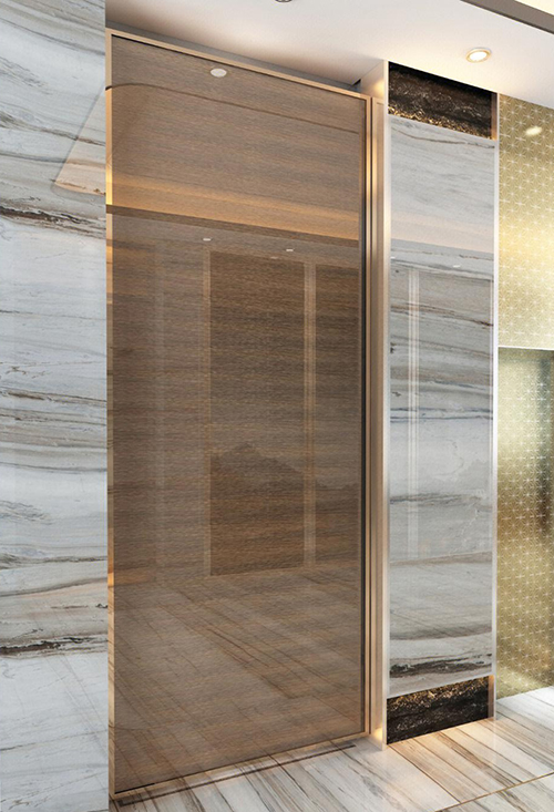 Glass bathroom door with fabric interlayer to keep the privacy and improve the aesthetic of interior design