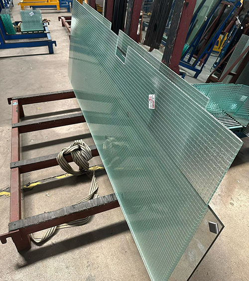 wired glass door panel with hinge cutout