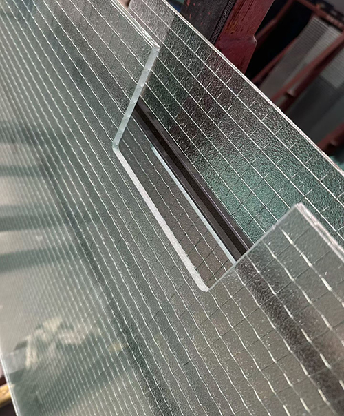 wired glass with door hinge cutout