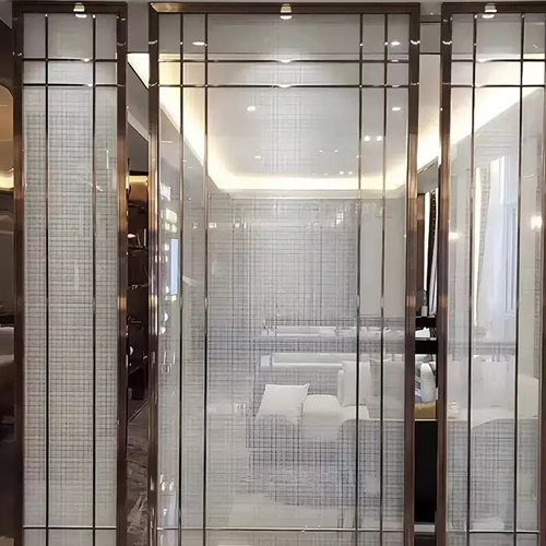 metal framed wall partition by fabric mesh laminated glass
