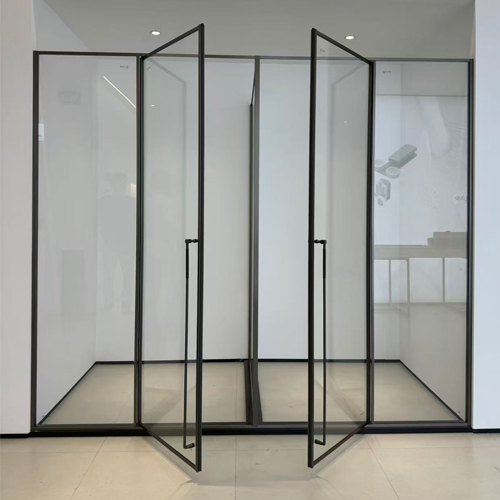 bathroom glass partition and outward swinging door opening