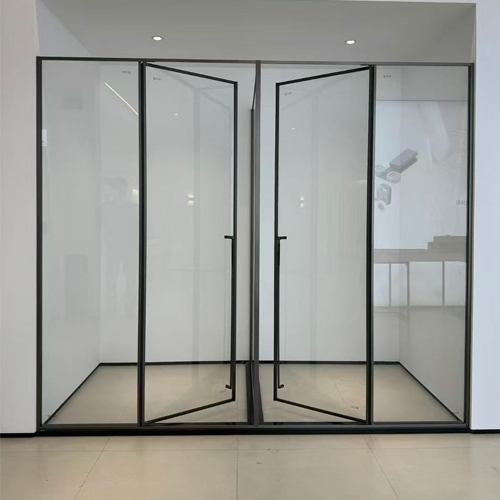 bathroom glass partition with outward swinging door opening