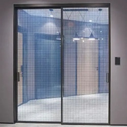 Interior sliding door with  fabric mesh laminated glass panel